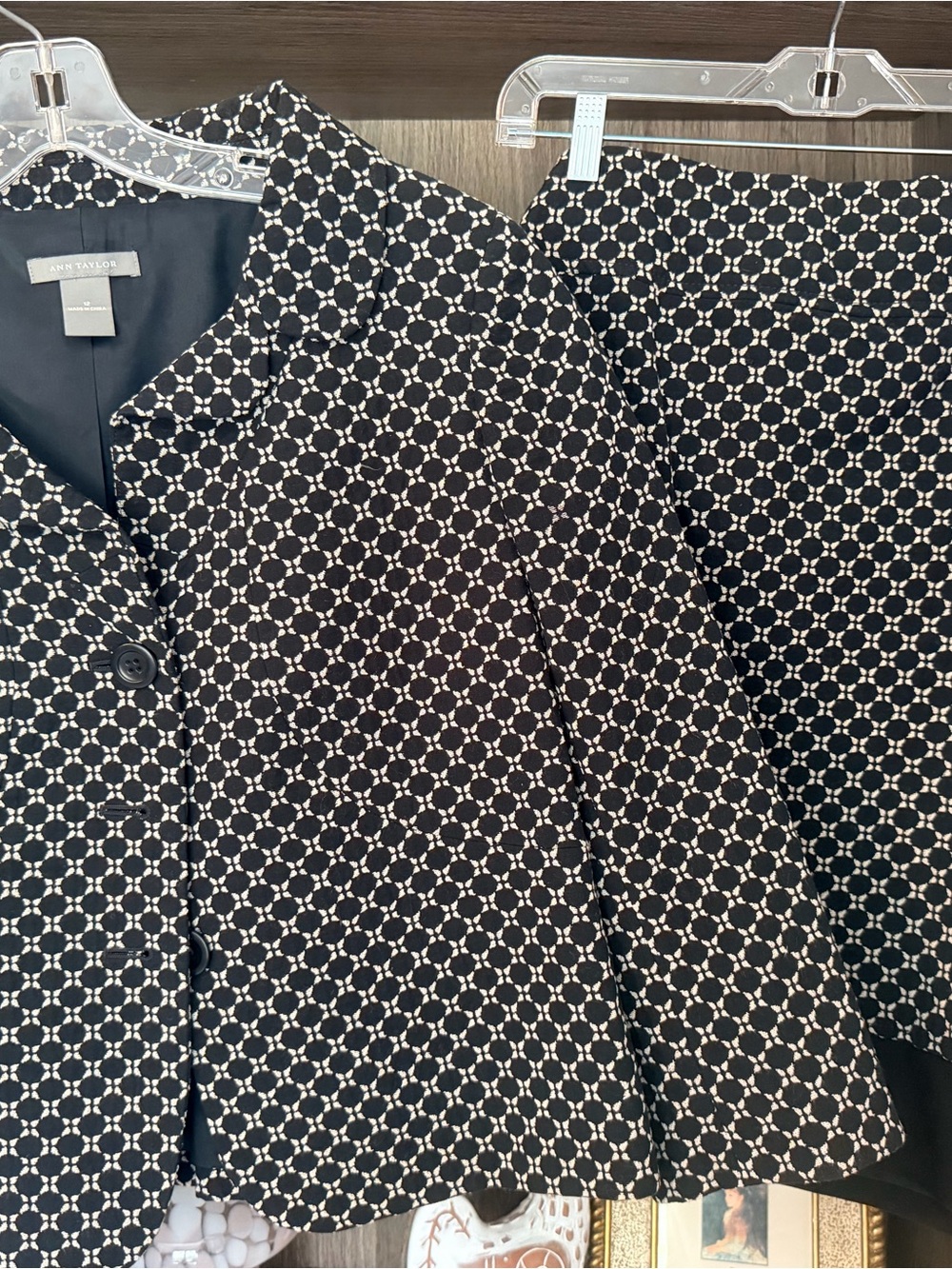 Ann Taylor Black and White Geometric Print Blazer and Skirt set